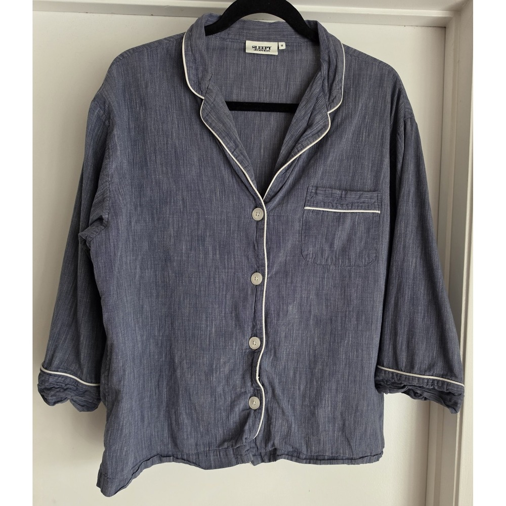 Sleepy Jones Pajama Set Women M Blue Solid Collared Loungewear Classic PJ